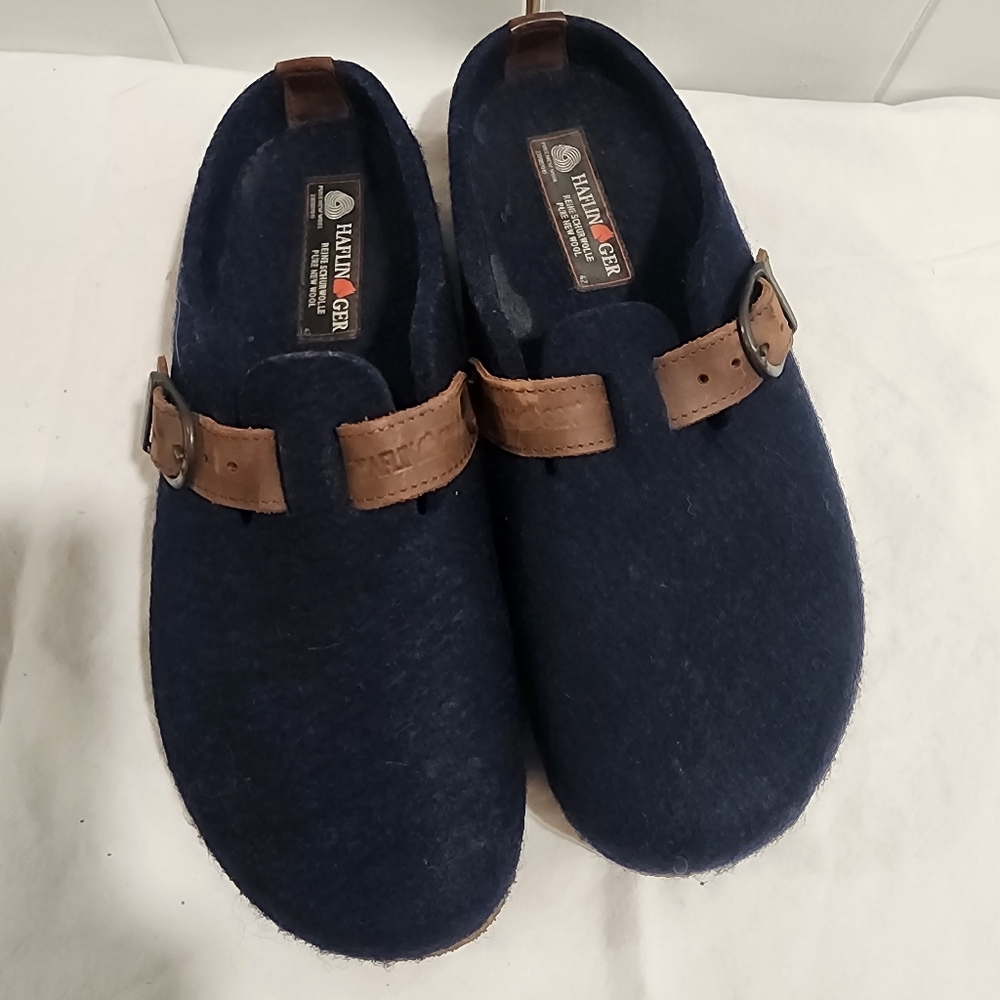 Haflinger Dark Blue Wool Clogs with Tan Straps 42